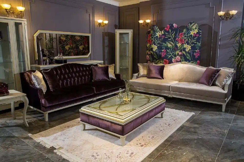 Sofort Bestellen Casa Padrino Luxus Barock Wohnzimmer Set Lila / Rosa / Weiß / Gold - 2 Barock Sofas & 2 Barock Sessel & 1 Barock Couchtisch - Wohnzimmer Möbel im Barockstil - Barock Möbel - Barock Einrichtung