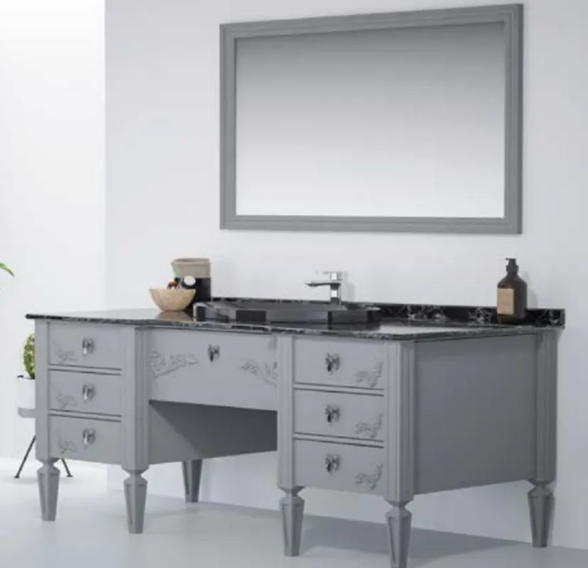 Finale Aktion Casa Padrino Luxus Barock Badezimmer Set Grau / Schwarz - 1 Waschtisch & 1 Ovales Keramik Waschbecken & 1 LED Wandspiegel - Badezimmer Möbel im Barockstil - Barock Möbel - Barock Einrichtung