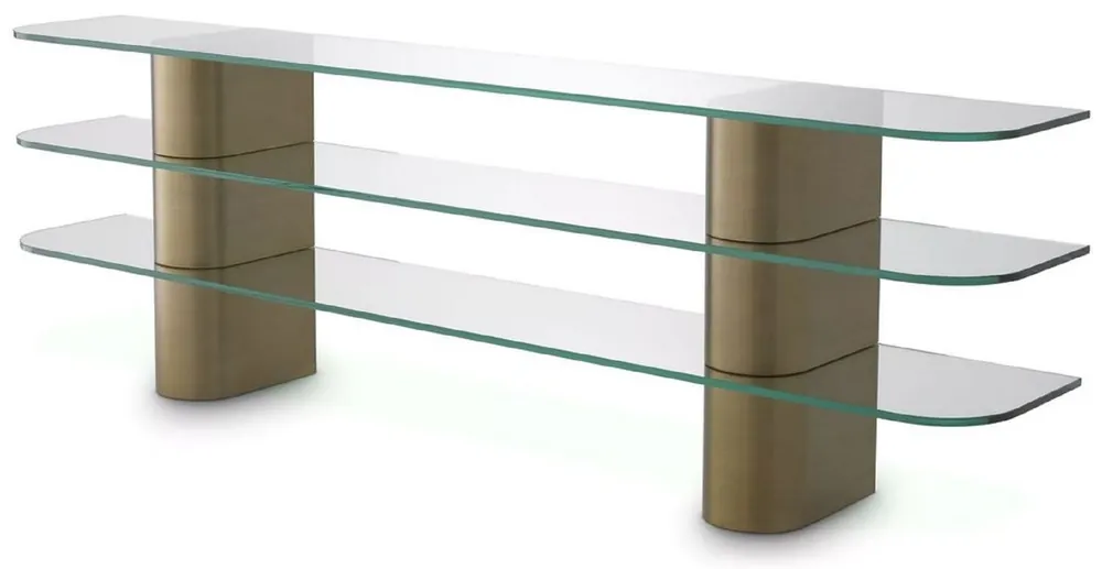 Finale Aktion Casa Padrino Luxus Konsole Messing 240 x 40 x H. 76 cm - Rechteckiger Edelstahl Konsolentisch mit Glasplatten - Wohnzimmer Möbel - Hotel Möbel - Luxus Möbel - Luxus Einrichtung - Möbel Luxus