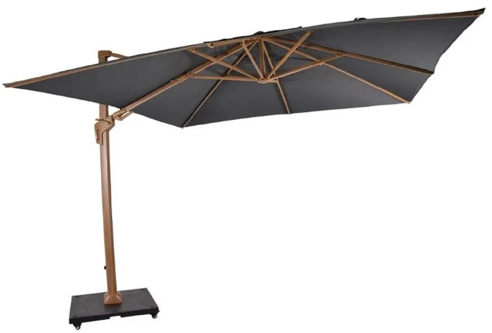 Casa Padrino Luxus Ampelschirm mit Ständer Braun / Grau 300 x 300 cm - Garten Sonnenschirm in Holzoptik - Terrassen Sonnenschirm - Balkon Sonnenschirm - Garten Terrassen Balkon Accessoires Geprüft