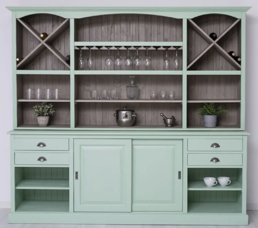 Preisknaller Casa Padrino Landhausstil Barschrank Mintgrün / Grau 240 x 50 x H. 210 cm - Massivholz Weinschrank im Landhausstil - Landhausstil Möbel - Bar Möbel im Landhausstil - Landhausstil Einrichtung