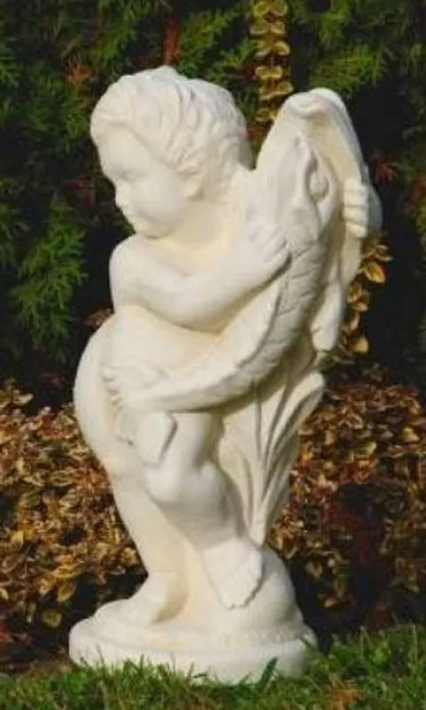 Casa Padrino Jugendstil Wasserspeier Skulptur Junge mit Fisch Sandfarben H. 48 cm - Elegante Wasserspeier Stein Figur - Barock & Jugendstil Garten Deko Accessoires Expressversand