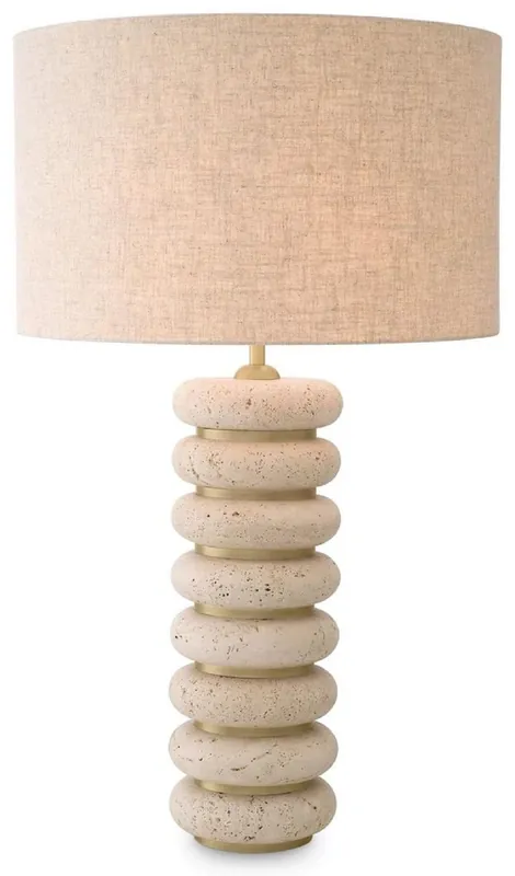 Jetzt Kaufen Casa Padrino Luxus Tischleuchte Beige / Antik Messing Ø 50 x H. 85 cm - Travertin Schreibtischleuchte mit rundem Lampenschirm - Luxus Tischleuchten - Luxus Kollektion