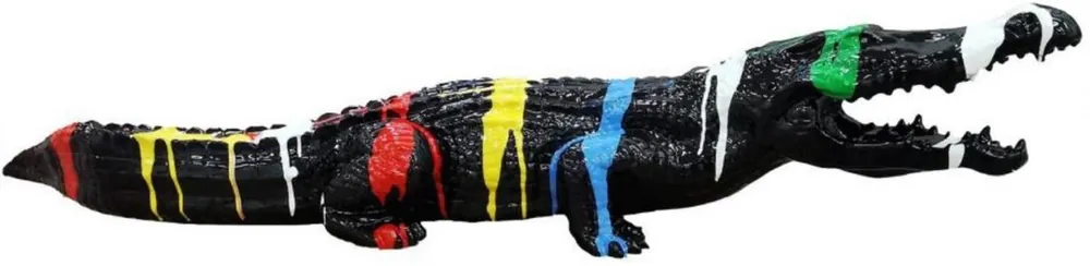 Casa Padrino Luxus Deko Skulptur Krokodil Schwarz / Mehrfarbig 108 cm - Wetterbeständige Gartenskulptur - XXL Deko Skulptur - XXL Deko Figur - Tierfigur - Garten Deko - Luxus Deko Accessoires Echt