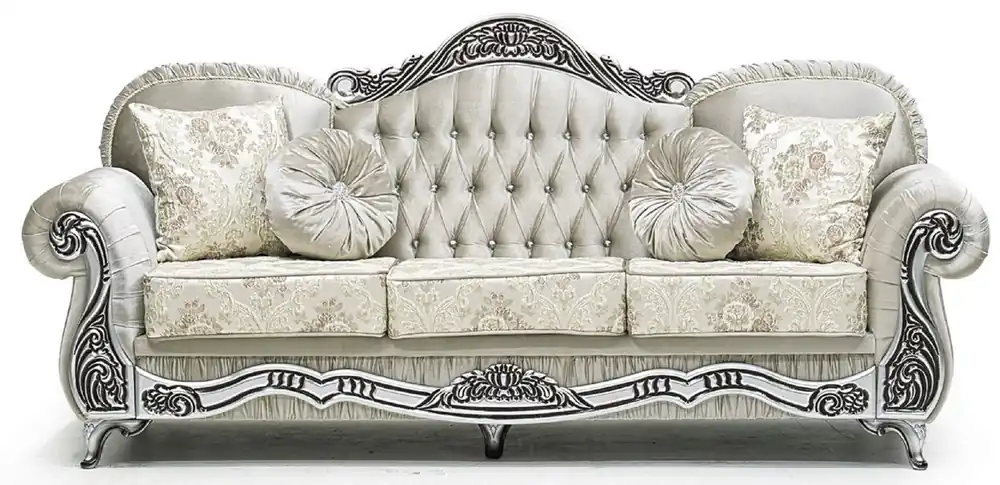 Kracherpreis Casa Padrino Luxus Barock Sofa Grau / Creme / Silber / Schwarz - Prunkvolles Wohnzimmer Sofa mit elegantem Muster und Glitzersteinen - Luxus Wohnzimmer Möbel im Barockstil - Barock Möbel