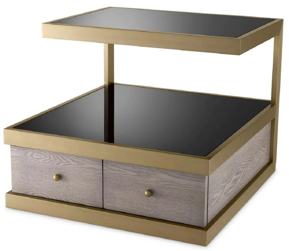 Wochenendangebot Casa Padrino Luxus Beistelltisch Messing / Grau / Schwarz 70 x 75 x H. 58 cm - Wohnzimmer Beistelltisch mit 2 Schubladen und 2 Glasplatten - Wohnzimmer Möbel - Luxus Möbel - Luxus Einrichtung