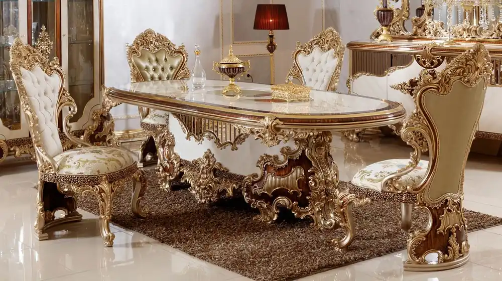 Casa Padrino Luxus Barock Esszimmer Set Weiß / Braun / Gold - 1 Barock Esstisch & 6 Barock Esszimmerstühle - Barock Esszimmer Möbel - Luxus Möbel im Barockstil - Edel & Prunkvoll - Luxus Qualität Garantierte Lieferung