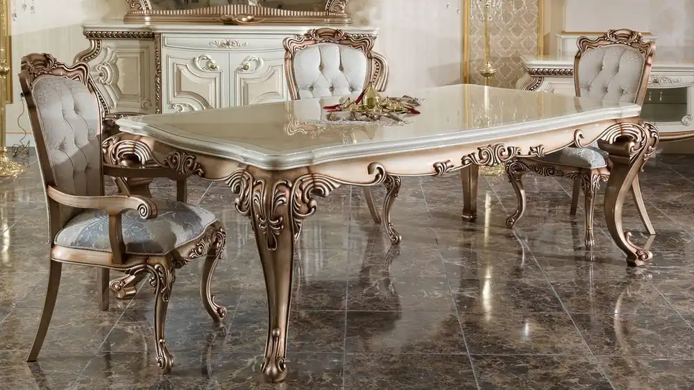 Abverkauf Casa Padrino Luxus Barock Esszimmer Set Weiß / Kupfer - 1 Barock Esstisch & 6 Barock Esszimmerstühle - Barock Esszimmer Möbel - Luxus Möbel im Barockstil - Edel & Prunkvoll