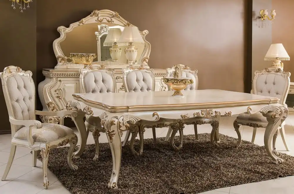 Casa Padrino Luxus Barock Esszimmer Set Creme / Gold - 1 Barock Esstisch & 6 Barock Esszimmerstühle - Barock Esszimmer Möbel - Luxus Möbel im Barockstil - Edel & Prunkvoll Jetzt Kaufen