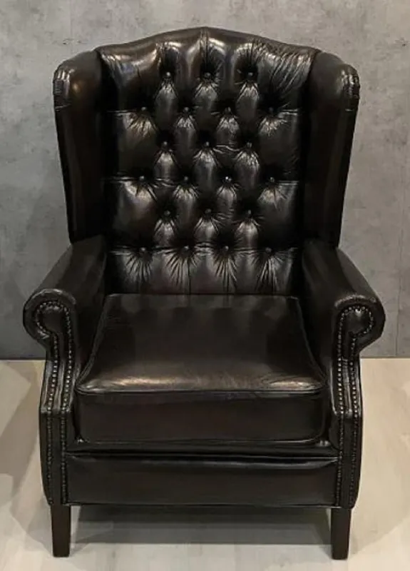 Casa Padrino Luxus Chesterfield Leder Ohrensessel Schwarz - Chesterfield Echtleder Wohnzimmer Sessel - Wohnzimmer Möbel - Chesterfield Möbel - Echtleder Möbel - Luxus Möbel - Luxus Einrichtung Nur Heute