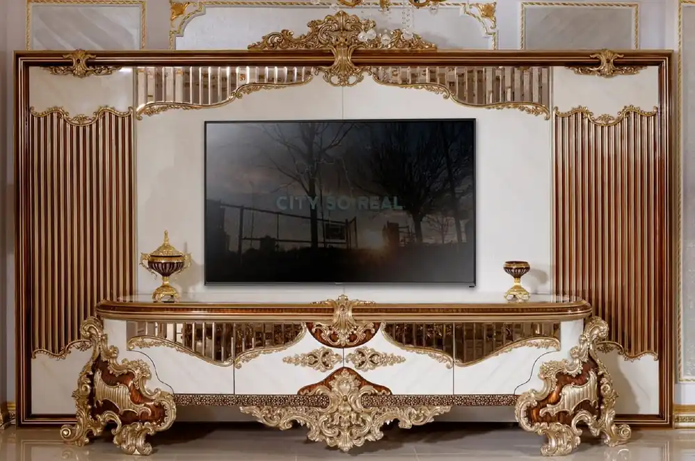 Casa Padrino Luxus Barock TV Schrank Weiß / Braun / Gold - Prunkvolles Wohnzimmer Sideboard mit Rückwand - Barock Wohnzimmer Möbel - Luxus Möbel im Barockstil - Edel & Prunkvoll Neue Kollektion