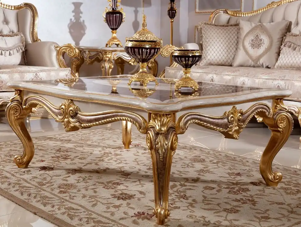 Casa Padrino Luxus Barock Couchtisch Weiß / Braun / Gold - Prunkvoller Wohnzimmertisch im Barockstil - Luxus Wohnzimmer Möbel im Barockstil - Barock Möbel - Barock Wohnzimmer Einrichtung Wochenendangebot