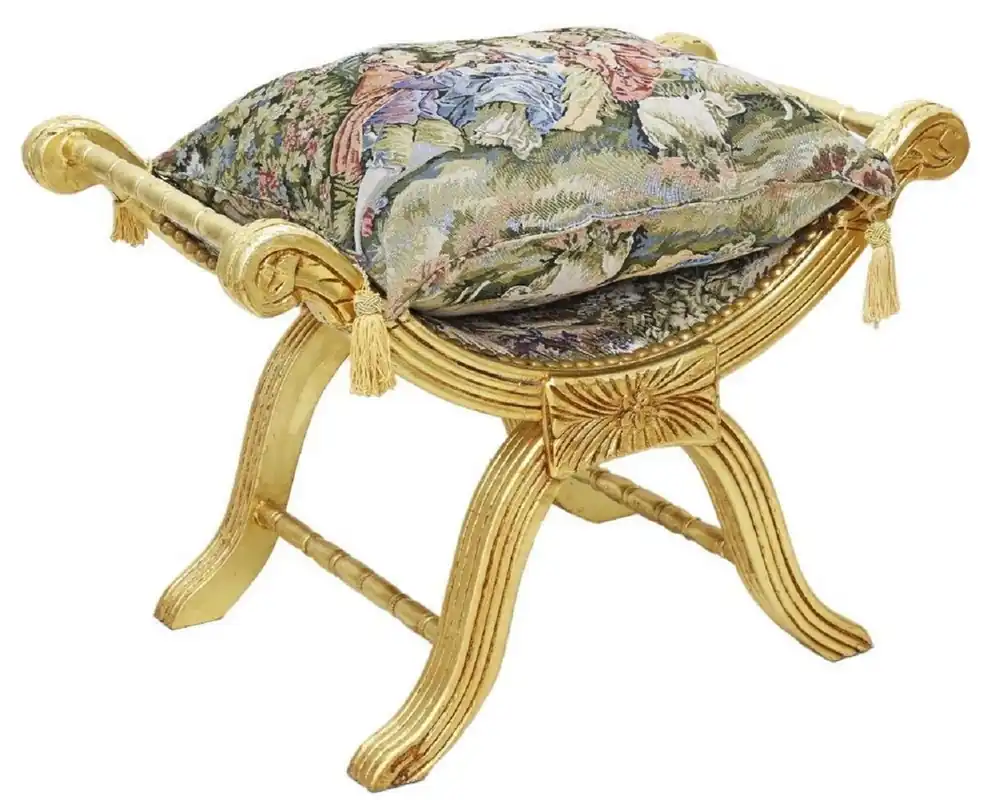 Nur Für Kurze Zeit Casa Padrino Barock Kreuzhocker mit Kissen Gold / Mehrfarbig - Handgefertigter Sitzhocker im Barockstil - Antik Stil Hocker - Barock Möbel - Wohnzimmer Möbel im Barockstil - Antik Stil Möbel