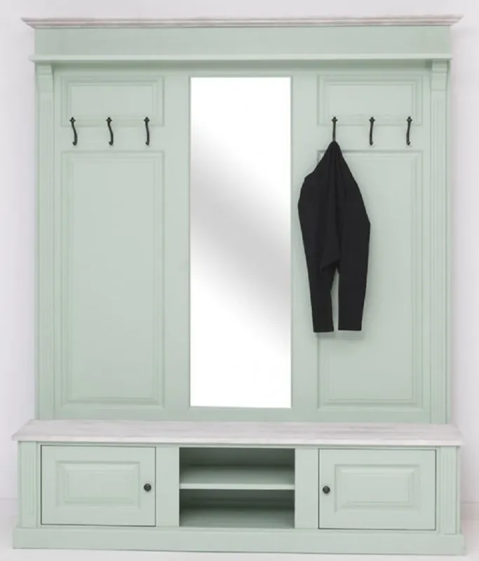 Casa Padrino Landhausstil Garderobe Mintgrün / Grau 180 x 41 x H. 210 cm - Massivholz Garderobenschrank mit Spiegel - Massivholz Garderobenmöbel - Landhausstil Garderobenmöbel Rabatt