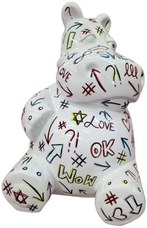 Casa Padrino Designer Deko Skulptur Sitzendes Nilpferd Weiß / Mehrfarbig H. 48 cm - Wetterbeständige Deko Skulptur - Wohnzimmer Deko Figur - Garten Deko Figur - Deko Tierfigur - Deko Accessoires Begrenztes Angebot