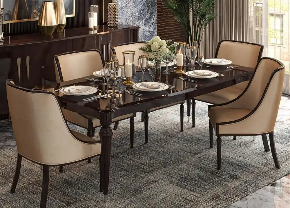 Aktuell Casa Padrino Luxus Art Deco Esszimmer Set Beige / Dunkelbraun Hochglanz / Silber - 1 Art Deco Esstisch & 6 Art Deco Esszimmerstühle - Art Deco Esszimmer Möbel - Luxus Qualität