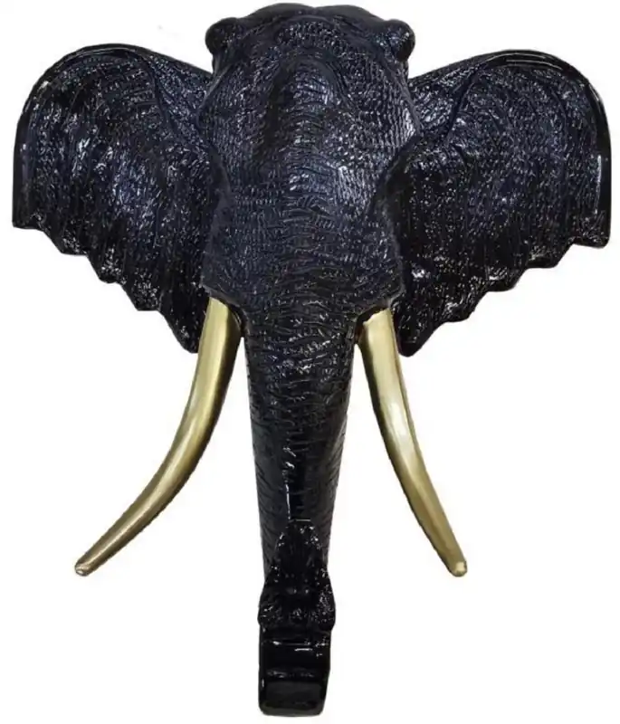 Casa Padrino Luxus Wanddeko Skulptur Elefantenkopf Schwarz / Gold 105 x 48 x H. 107 cm - Große Wanddeko Figur - XXL Wanddeko Skulptur - XXL Wanddeko Figur - Wohnzimmer Deko - Luxus XXL Figuren Top-Preis