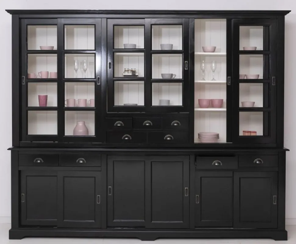 Garantierte Lieferung Casa Padrino Landhausstil Esszimmerschrank Schwarz / Weiß 280 x 55 x H. 225 cm - Massivholz Küchenschrank - Esszimmer Möbel im Landhausstil - Landhausstil Esszimmer Einrichtung