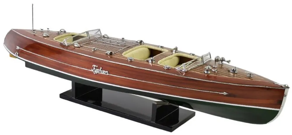 Casa Padrino Luxus Deko Speedboot Typhoon mit Massivholz Ständer Braun / Grün 95 x 22 x H. 23 cm - Handgefertigtes Deko Boot - Holzboot - Modellboot - Rennboot - Wohnzimmer Deko Accessoires Neue Ware