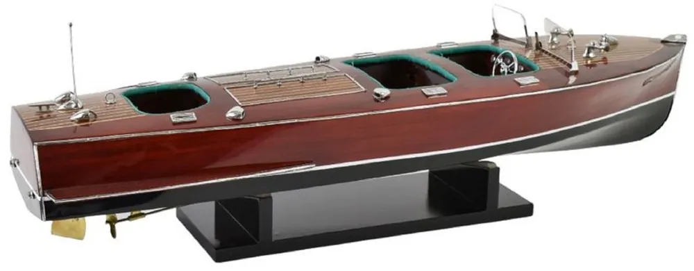Casa Padrino Luxus Deko Speedboot Chris Craft mit Massivholz Ständer Braun / Schwarz 81 x 23 x H. 23 cm - Handgefertigtes Deko Boot - Holzboot - Modellboot - Rennboot - Wohnzimmer Deko Accessoires Zertifiziert