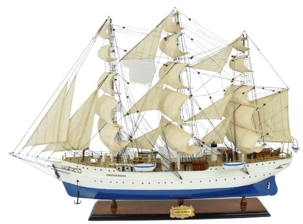 Casa Padrino Luxus Segelschiff Christian Radich Weiß / Blau 97 x 30 x H. 70 cm - Handgefertigtes Deko Schiff - Holzschiff - Modellschiff - Deko Accessoires - Luxus Wohnzimmer Deko Neue Ware