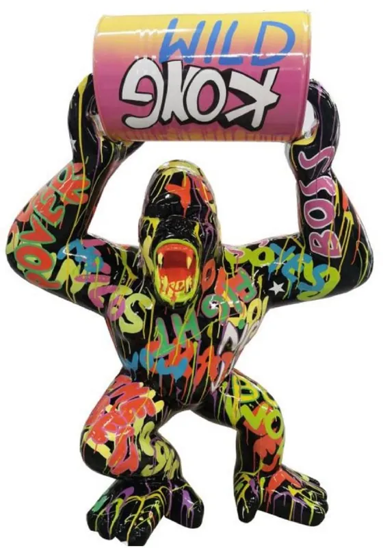 Markenware Casa Padrino Luxus Deko Skulptur Gorilla Affe mit Fass Schwarz / Bunt H. 140 cm - Große Deko Figur - XXL Deko Skulptur - XXL Deko Figur - Wohnzimmer Deko - Garten Deko - Luxus Figuren