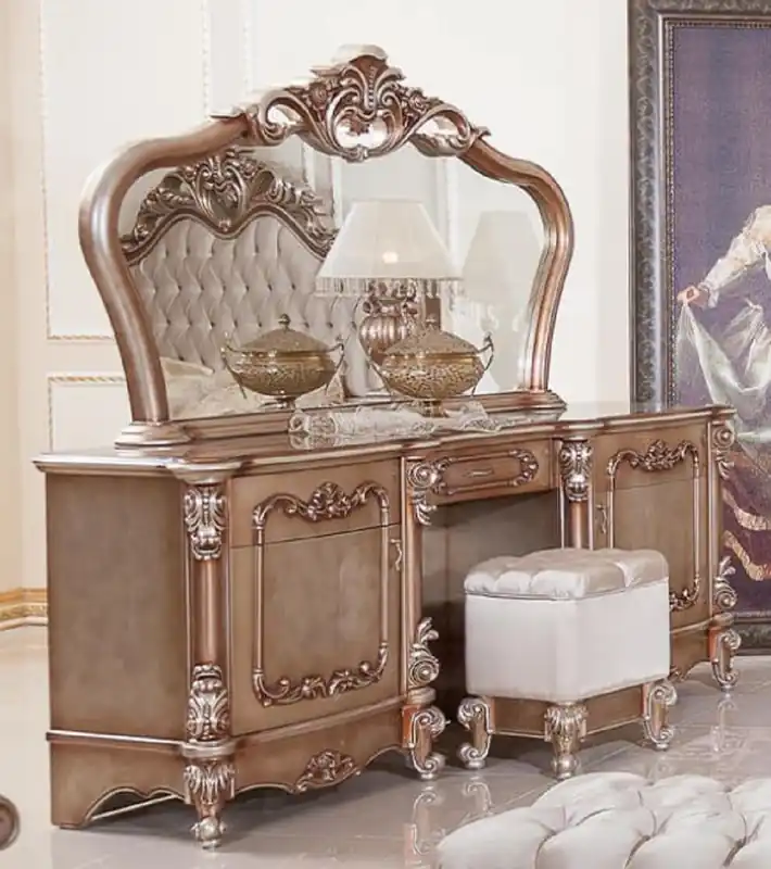 Casa Padrino Luxus Barock Schlafzimmer Set Kupfer / Silber - 1 Barock Schminkkommode & 1 Barock Spiegel & 1 Barock Hocker - Luxus Schlafzimmer Möbel im Barockstil - Edel & Prunkvoll Abverkauf