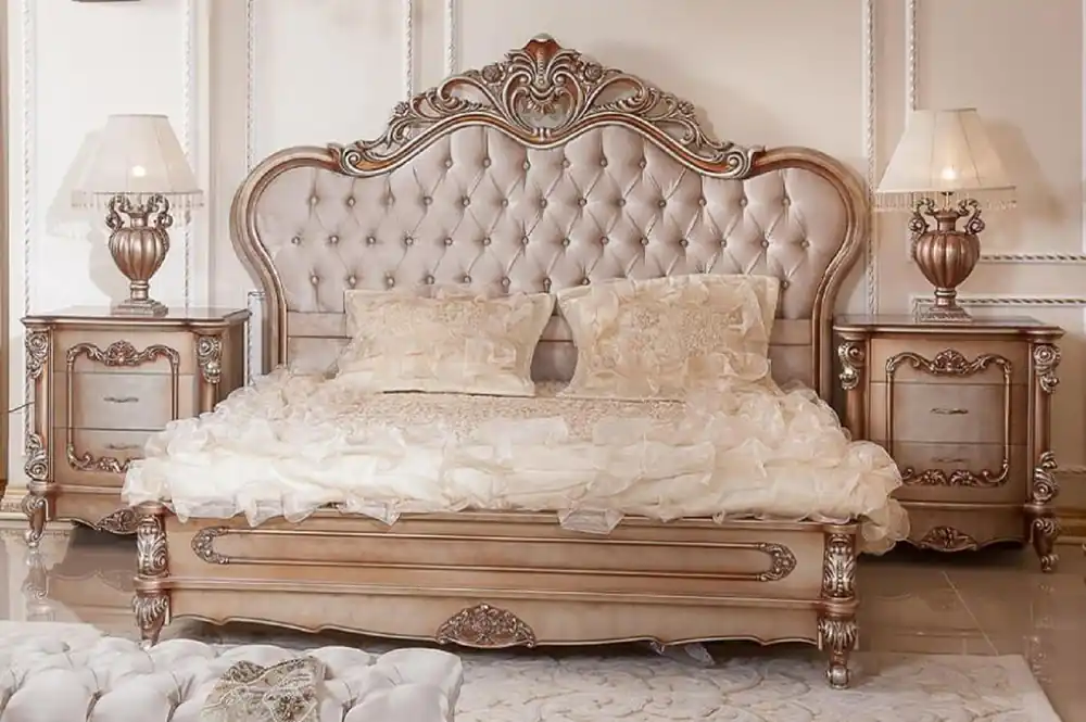 Letzte Chance Casa Padrino Luxus Barock Schlafzimmer Set Grau / Kupfer / Silber - 1 Doppelbett mit Kopfteil & 2 Nachtkommoden - Barock Schlafzimmer Möbel - Luxus Möbel im Barockstil - Edel & Prunkvoll