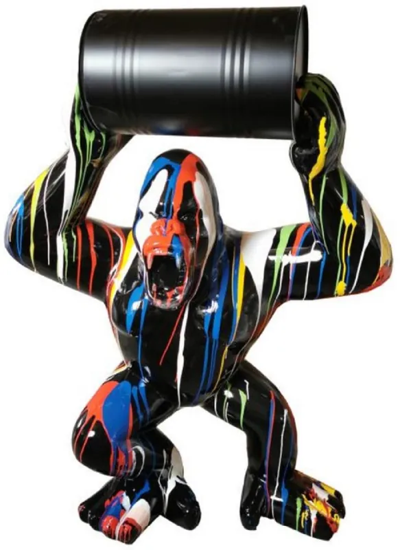 Must-Have Casa Padrino Luxus Deko Skulptur Gorilla Affe mit Fass Schwarz / Mehrfarbig H. 140 cm - Große Deko Figur - XXL Deko Skulptur - XXL Deko Figur - Wohnzimmer Deko - Garten Deko - Luxus Figuren