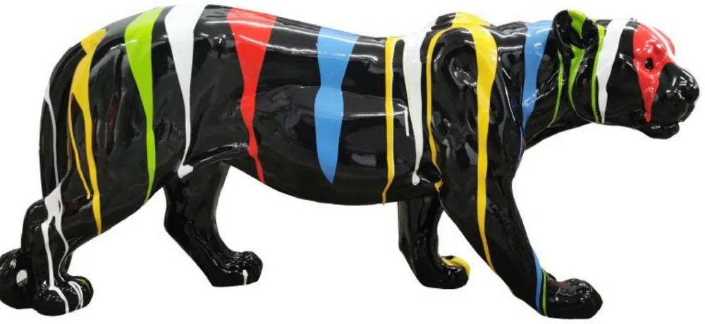 Casa Padrino Luxus Deko Skulptur Panther Schwarz / Mehrfarbig H. 80 x H. 35 cm - Große Deko Figur - XXL Deko Skulptur - XXL Deko Figur - Wohnzimmer Deko - Garten Deko - Luxus Figuren Abverkauf