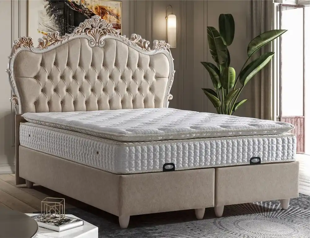 Direkt Vom Hersteller Casa Padrino Luxus Barock Doppelbett Beige / Weiß / Braun - Verschiedene Größen - Massivholz Bett mit Kopfteil und Matratze - Barock Schlafzimmer Möbel - Barock Hotel Möbel - Barock Möbel