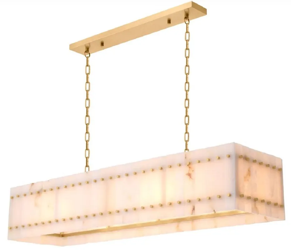 Casa Padrino Luxus Kronleuchter Antik Messing / Alabaster 140,5 x 39 x H. 27 cm - Rechteckiger Wohnzimmer Metall Kronleuchter mit Alabaster Lampenschirm - Luxus Qualität - Luxus Möbel Saisonangebot