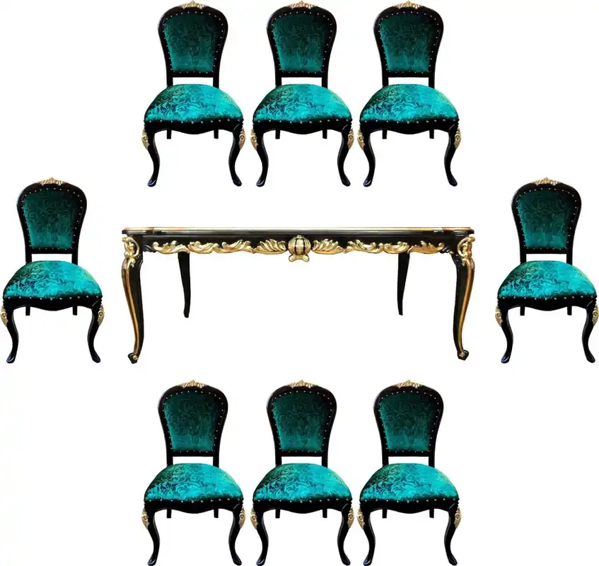 Pompöös by Casa Padrino Barock Luxus Esszimmer Set Grün / Schwarz / Gold - Pompööser Barock Esstisch mit Glasplatte und 8 Stühlen designed by Harald Glööckler - Esszimmer Möbel im Barockstil Sonderangebot