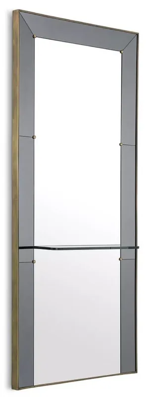 Casa Padrino Luxus Wandspiegel Grau / Antik Messing 100 x H. 217 cm - Rechteckiger Garderoben Spiegel mit Glasregal - Badezimmer Spiegel - Garderoben Möbel - Badezimmer Möbel - Luxus Möbel Nur Für Kurze Zeit