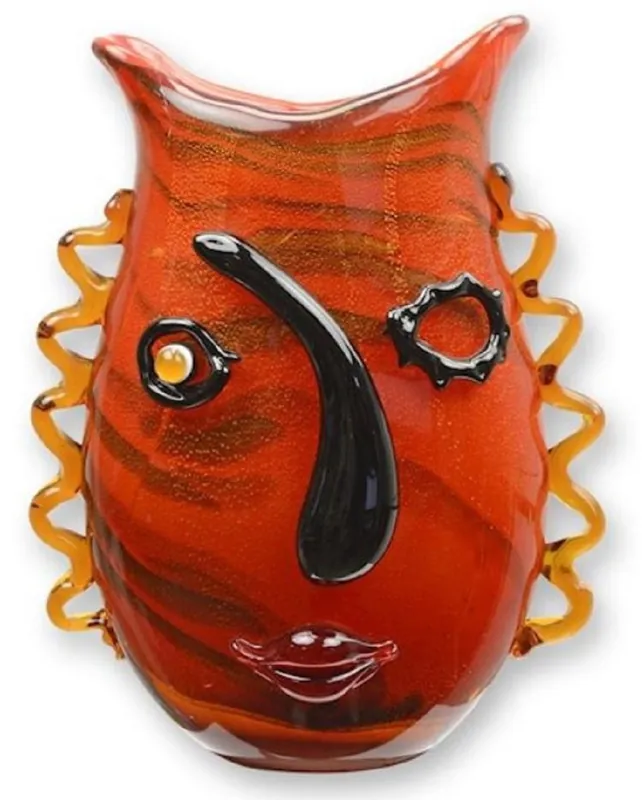 Casa Padrino Designer Vase Gesicht Rot / Orange / Schwarz 24,6 x 13,1 x H. 31,5 cm - Wohnzimmer Deko Vase - Dekorative Glasvase - Abstrakte Blumenvase - Deko Accessoires - Abstrakte Deko Vasen Versand Am Gleichen Tag