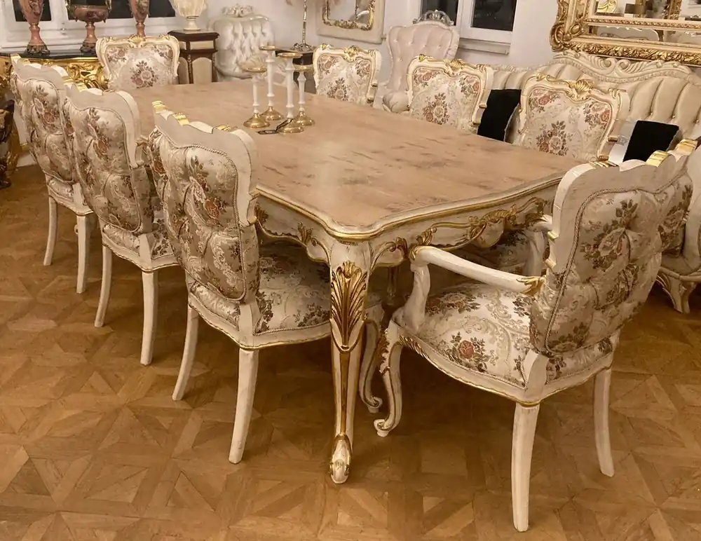 Casa Padrino Luxus Barock Esszimmer Set Silber / Mehrfarbig / Antik Weiß / Gold - 1 Barock Esstisch & 8 Barock Esszimmerstühle - Barock Esszimmer Möbel - Luxus Möbel im Barockstil Finale Aktion