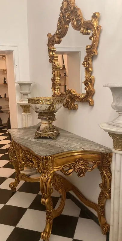 Casa Padrino Barock Konsole mit Marmorplatte und Spiegel Gold / Grau - Prunkvolle Spiegelkonsole im Barockstil - Garderoben Möbel Barockstil - Barock Möbel - Antik Stil Möbel - Edel & Prunkvoll Versand Am Gleichen Tag