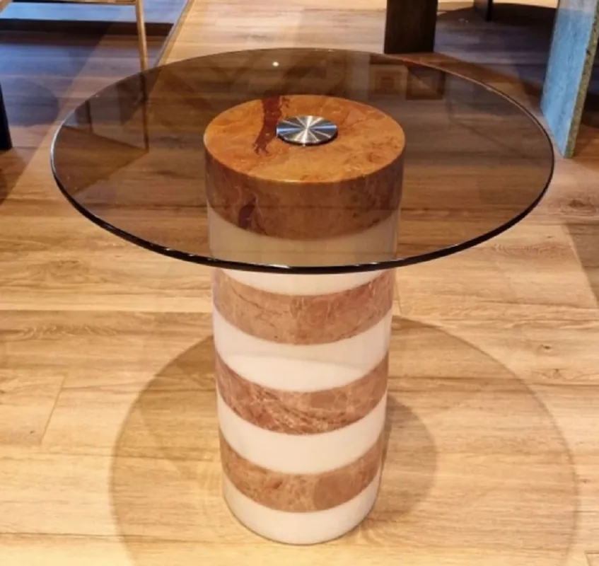 Casa Padrino Luxus Beistelltisch Braun / Weiß Ø 48 x H. 50 cm - Runder Marmor Tisch mit Glasplatte - Wohnzimmer Möbel - Luxus Möbel - Marmor Möbel - Luxus Einrichtung - Wohnzimmer Einrichtung Super-Preis