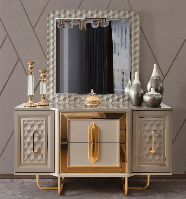 Heißes Angebot Casa Padrino Luxus Art Deco Schlafzimmer Set Grau / Gold - 1 Luxus Art Deco Schminkkommode & 1 Luxus Art Deco Spiegel - Art Deco Schlafzimmer Möbel - Luxus Schlafzimmer Möbel