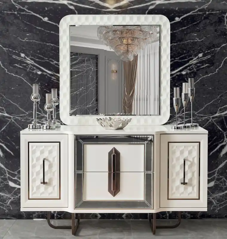 Casa Padrino Luxus Art Deco Schlafzimmer Set Weiß / Bronze - 1 Luxus Art Deco Schminkkommode & 1 Luxus Art Deco Spiegel - Art Deco Schlafzimmer Möbel - Luxus Schlafzimmer Möbel Versand Am Gleichen Tag