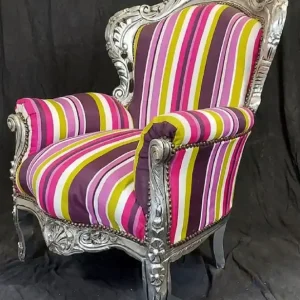 Casa Padrino Barock Sessel mit Streifen Mehrfarbig / Silber - Handgefertigter Massivholz Wohnzimmer Sessel - Antik Stil Wohnzimmer Sessel - Barock Wohnzimmer Möbel - Ausstellungsstück! Highlight