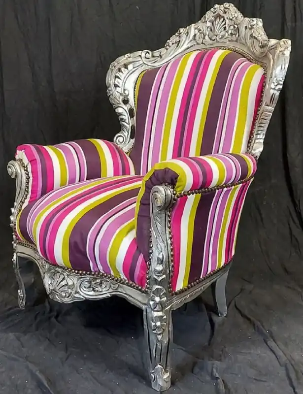 Casa Padrino Barock Sessel mit Streifen Mehrfarbig / Silber - Handgefertigter Massivholz Wohnzimmer Sessel - Antik Stil Wohnzimmer Sessel - Barock Wohnzimmer Möbel - Ausstellungsstück! Highlight