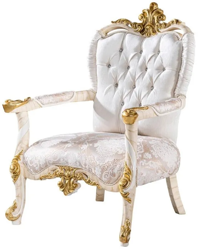Neue Ware Casa Padrino Luxus Barock Sessel Weiß / Braun / Weiß / Beige / Gold - Prunkvoller Wohnzimmer Sessel mit Glitzersteinen - Barockstil Wohnzimmer Möbel - Luxus Möbel im Barockstil - Edel & Prunkvoll