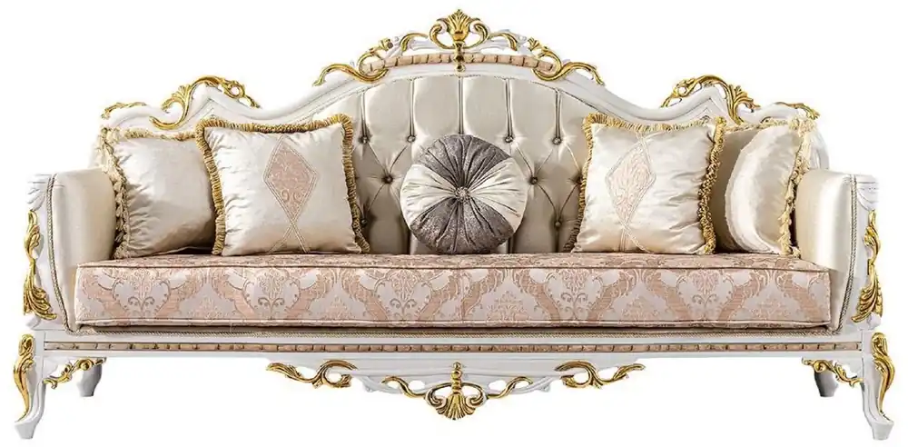 Casa Padrino Luxus Barock Sofa Gold / Silber / Braun / Weiß / Gold - Prunkvolles Wohnzimmer Sofa mit Glitzersteinen - Barockstil Wohnzimmer Möbel - Luxus Möbel im Barockstil - Barock Einrichtung Zertifiziert
