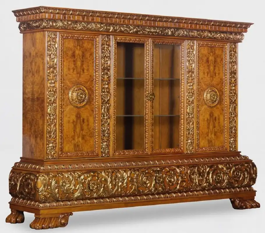 Jetzt Bestellen Casa Padrino Luxus Wohnzimmerschrank mit LED Beleuchtung Braun / Gold 268 x 58 x H. 189 cm - Massivholz Schrank - Luxus Möbel - Luxus Einrichtung - Wohnzimmer Einrichtung - Luxus Qualität