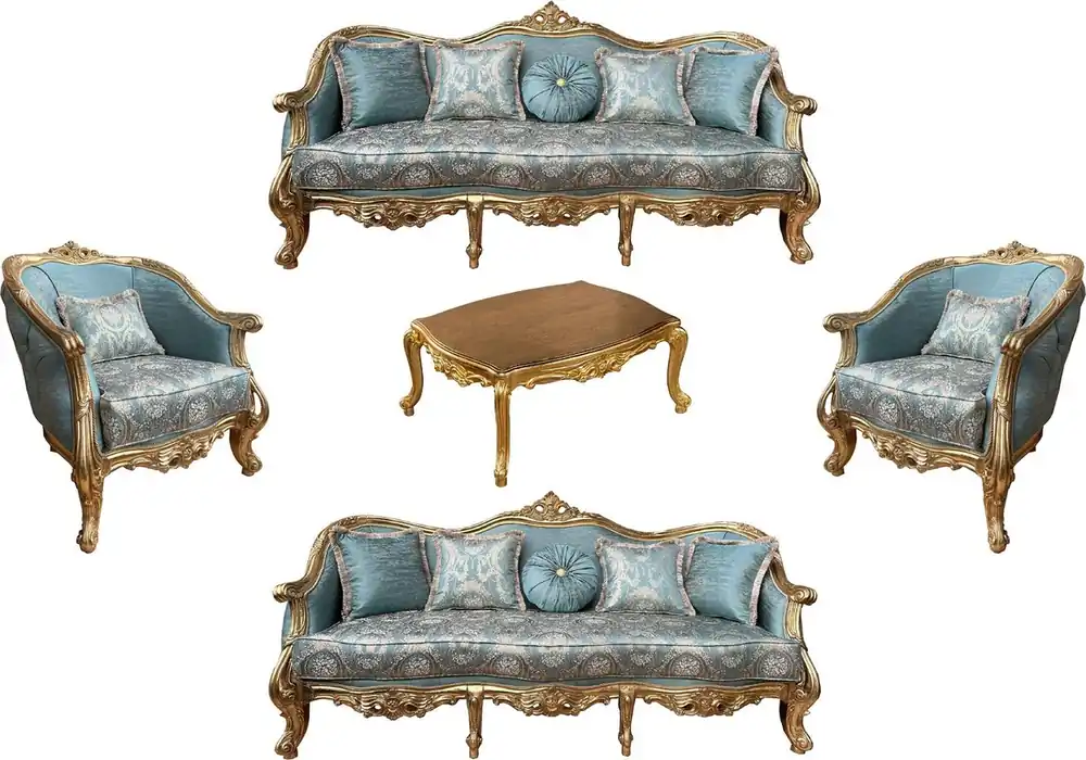 Zertifiziert Casa Padrino Luxus Barock Wohnzimmer Set Türkis Muster / Gold - 2 Barock Sofas & 2 Barock Sessel & 1 Barock Couchtisch - Luxus Wohnzimmer Möbel im Barockstil - Barock Möbel - Edel & Prunkvoll