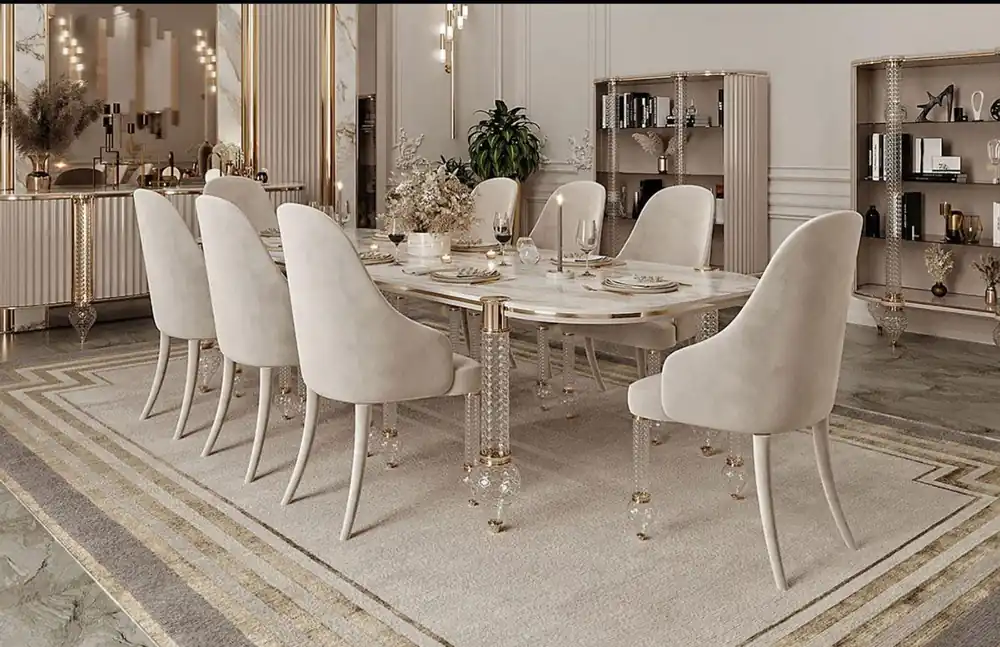Abverkauf Casa Padrino Luxus Art Deco Esszimmer Set Weiß / Grau / Gold - 1 Art Deco Esstisch mit Kunstmarmor Tischplatte & 6 Art Deco Esszimmerstühle - Art Deco Esszimmer Möbel - Luxus Qualität