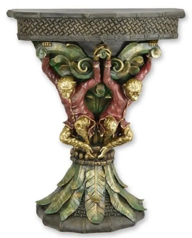 Casa Padrino Jugendstil Konsole Affen Grau / Grün / Rot / Gold 60,2 x 22,1 x H. 73,3 cm - Kunstharz Konsolentisch - Jugendstil Möbel - Barock Möbel - Jugendstil Einrichtung - Barock Einrichtung Wochenendangebot