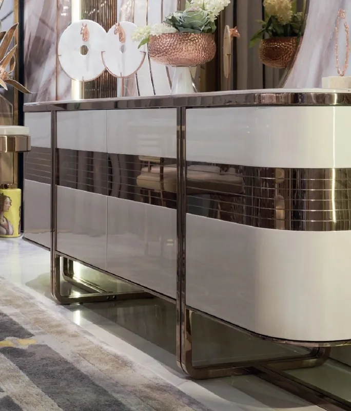 Bestseller Casa Padrino Luxus Sideboard Creme / Weiß / Kupfer 230 x 55 x H. 89 cm - Edler Massivholz Schrank mit 4 Türen und Kunstmarmor Platte - Wohnzimmer Möbel - Hotel Möbel - Luxus Möbel