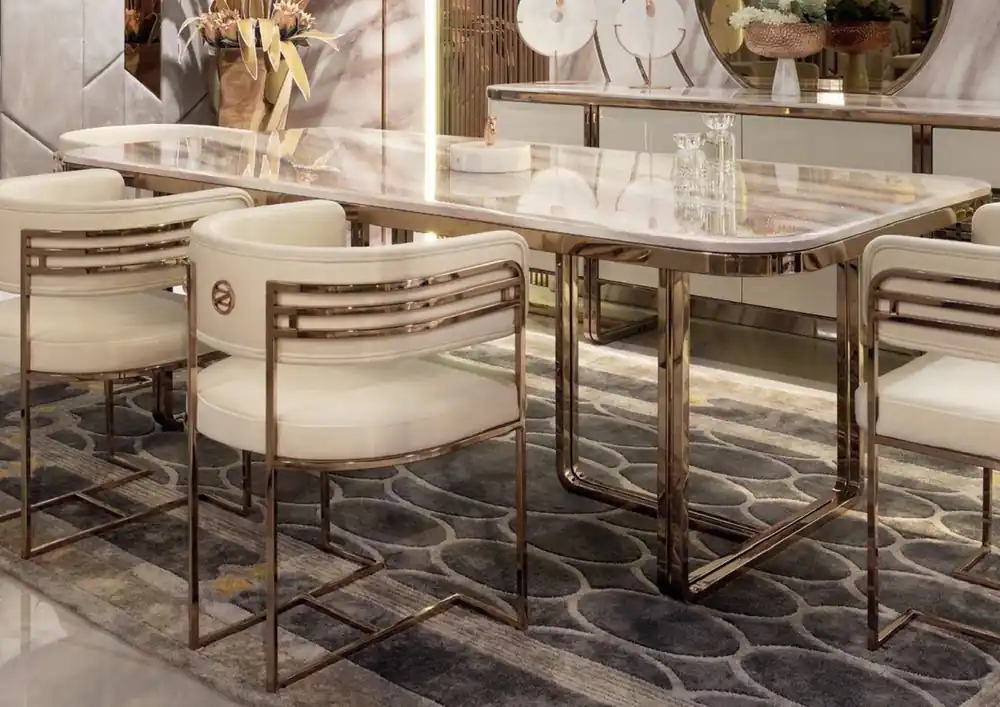 Casa Padrino Luxus Esszimmer Set Creme / Weiß / Kupfer - 1 Luxus Esstisch mit Kunstmarmor Tischplatte & 8 Luxus Esszimmer Stühle - Esszimmer Möbel - Luxus Möbel - Luxus Einrichtung Jetzt Bestellen